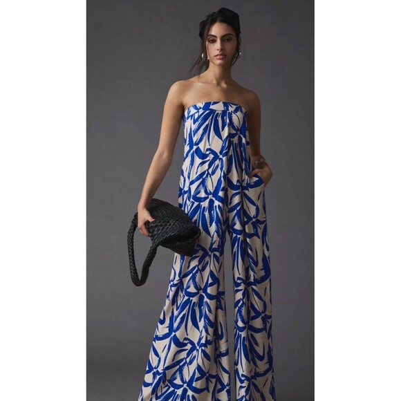 Anthropologie Corey Lynn Carter Jumpsuit Blue Floral Waistless Wide Leg Boho XSP